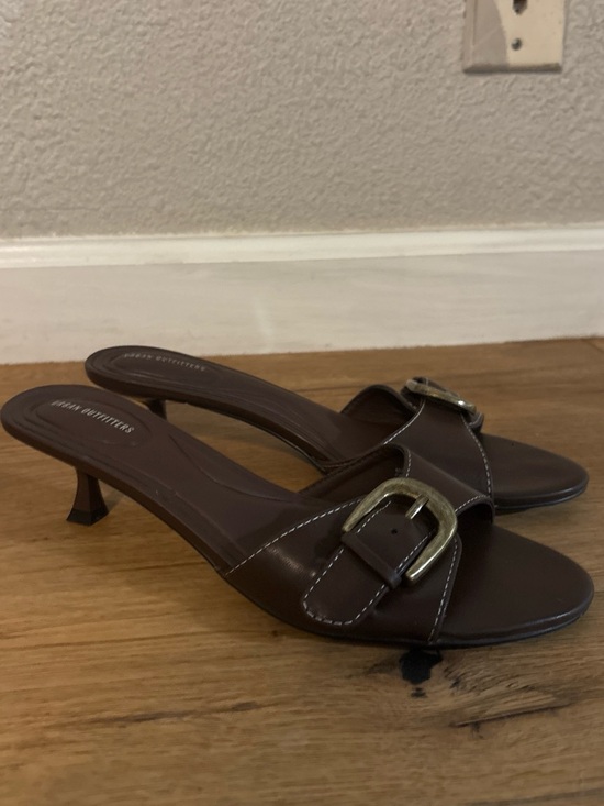 Urban Outfitters Shoes - Urban Outfitters Dark Brown Leather Buckle Kitten Heel Slides